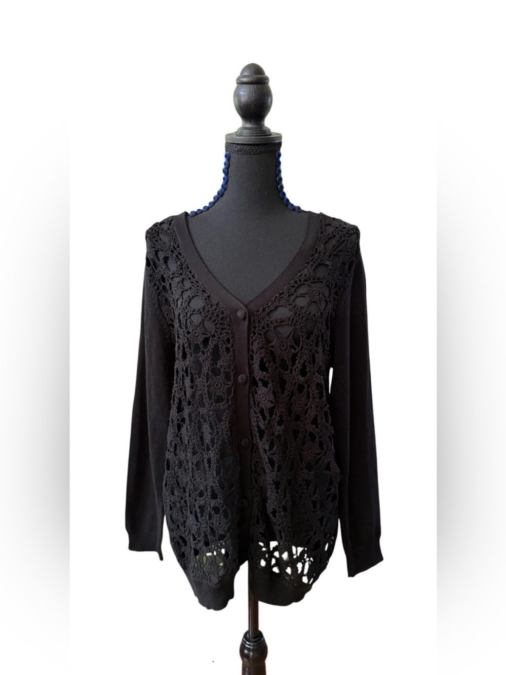 Jessica London Black Crochet Front Button Cardigan